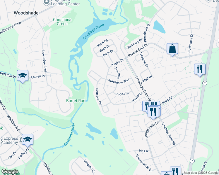 map of restaurants, bars, coffee shops, grocery stores, and more near 10 Wright Circle in Newark