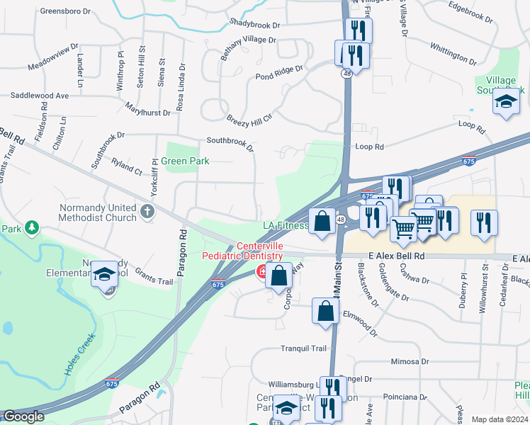 map of restaurants, bars, coffee shops, grocery stores, and more near 6800 Paragon Road in Dayton