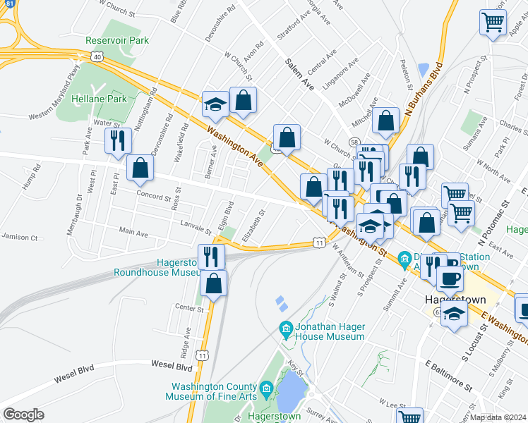 map of restaurants, bars, coffee shops, grocery stores, and more near 20 Elizabeth Street in Hagerstown