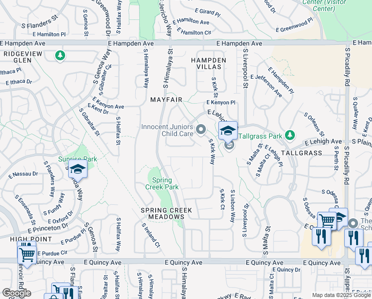 map of restaurants, bars, coffee shops, grocery stores, and more near 20476 East Lehigh Place in Aurora