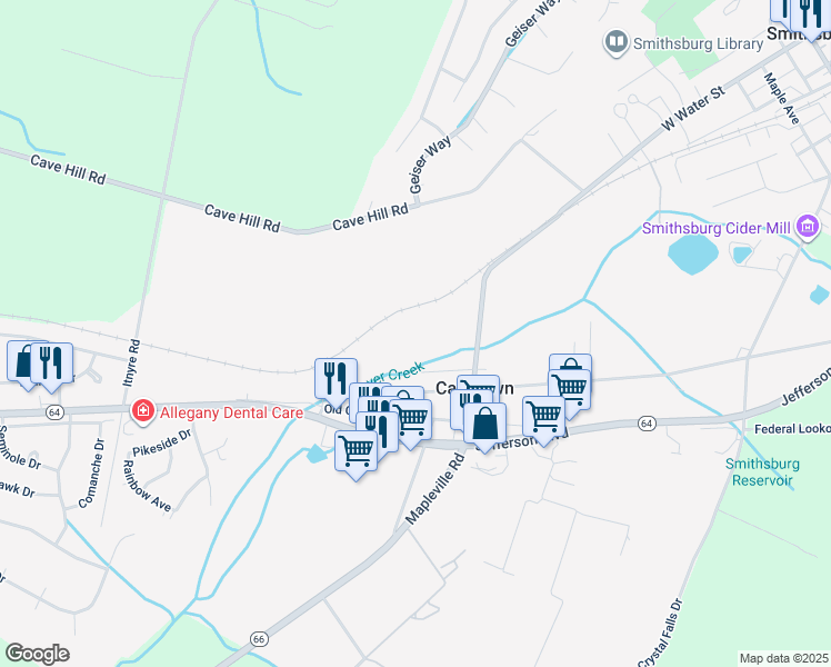 map of restaurants, bars, coffee shops, grocery stores, and more near in Cavetown