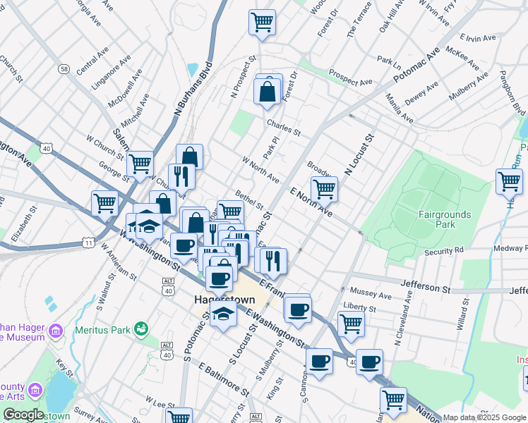 map of restaurants, bars, coffee shops, grocery stores, and more near 245 North Potomac Street in Hagerstown