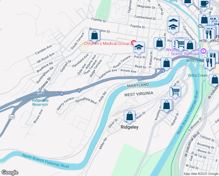 map of restaurants, bars, coffee shops, grocery stores, and more near McMullen Highway Southwest in Cumberland