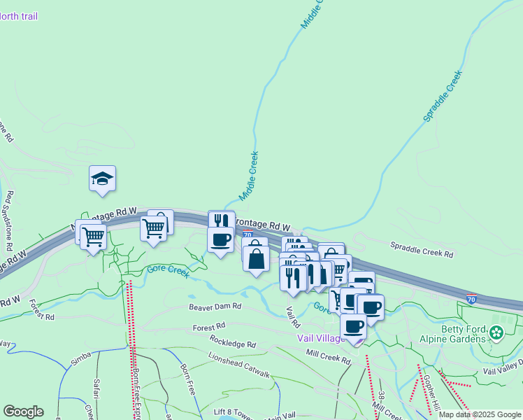 map of restaurants, bars, coffee shops, grocery stores, and more near Ma Bell Rd in Vail