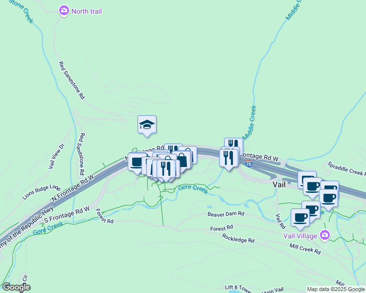map of restaurants, bars, coffee shops, grocery stores, and more near 501 North Frontage Road West in Vail