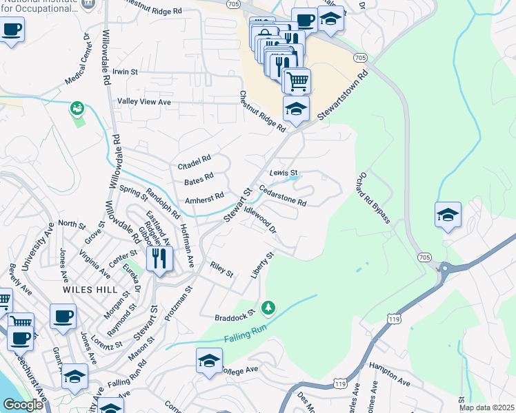 map of restaurants, bars, coffee shops, grocery stores, and more near 10 Manchester Drive in Morgantown