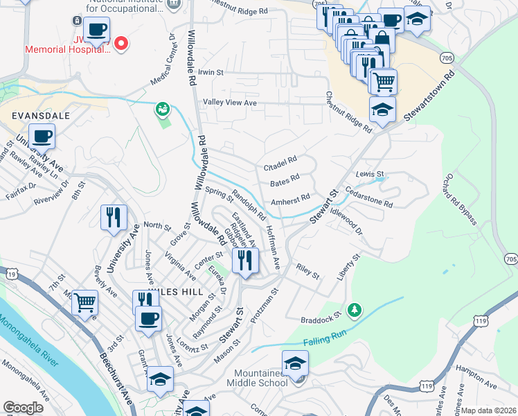 map of restaurants, bars, coffee shops, grocery stores, and more near 741 Amherst Road in Morgantown