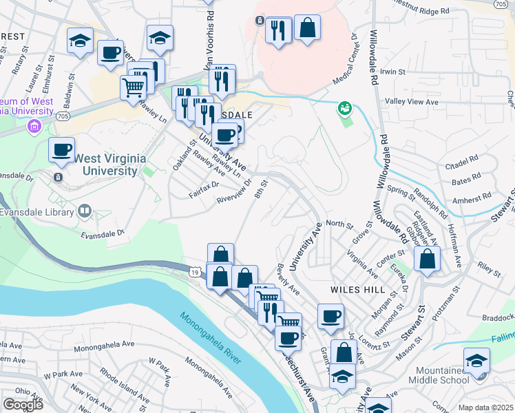 map of restaurants, bars, coffee shops, grocery stores, and more near 8 Crest Drive in Morgantown