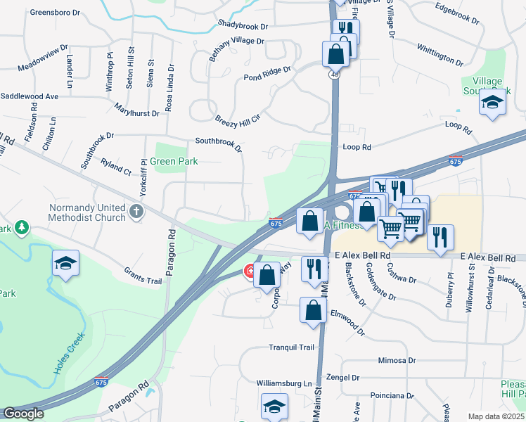 map of restaurants, bars, coffee shops, grocery stores, and more near 101 Southbrook Drive in Woodbourne-Hyde Park