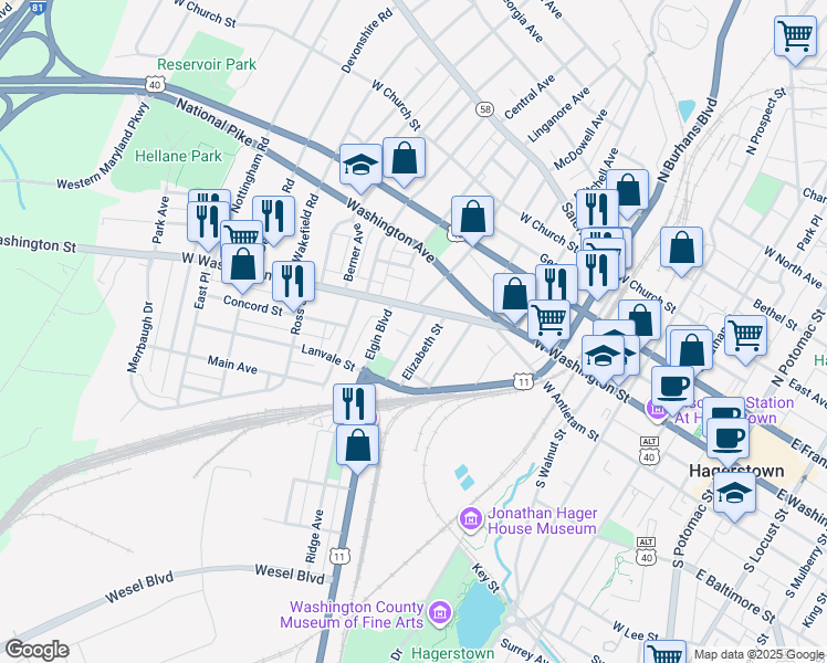map of restaurants, bars, coffee shops, grocery stores, and more near 651 Court Avenue in Hagerstown