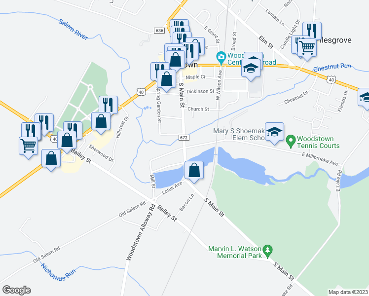 map of restaurants, bars, coffee shops, grocery stores, and more near South Main Street & East Millbrooke Avenue in Woodstown