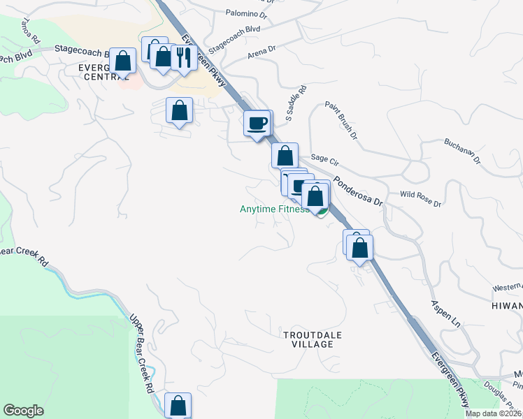 map of restaurants, bars, coffee shops, grocery stores, and more near 3809 Evergreen Parkway in Evergreen