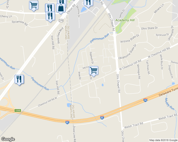 map of restaurants, bars, coffee shops, grocery stores, and more near 23 Maple Drive in Newark
