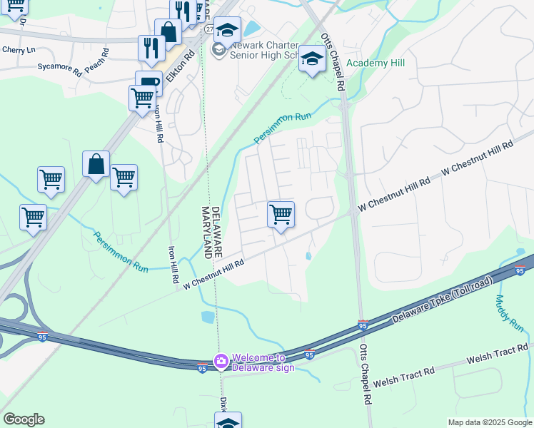map of restaurants, bars, coffee shops, grocery stores, and more near 23 Maple Drive in Newark