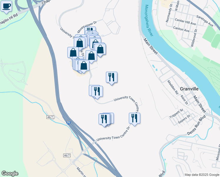 map of restaurants, bars, coffee shops, grocery stores, and more near 6003 University Town Centre Drive in Morgantown