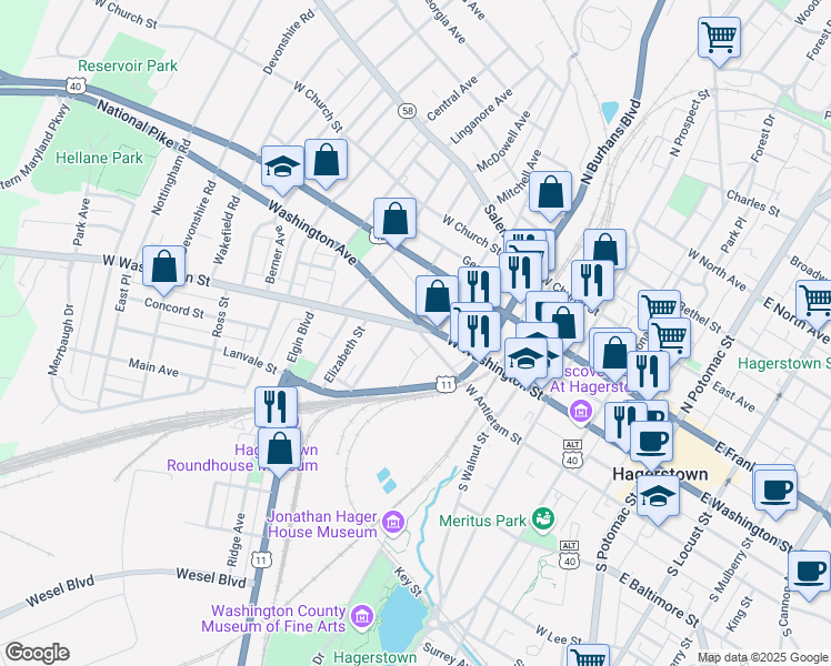 map of restaurants, bars, coffee shops, grocery stores, and more near 503 West Washington Street in Hagerstown