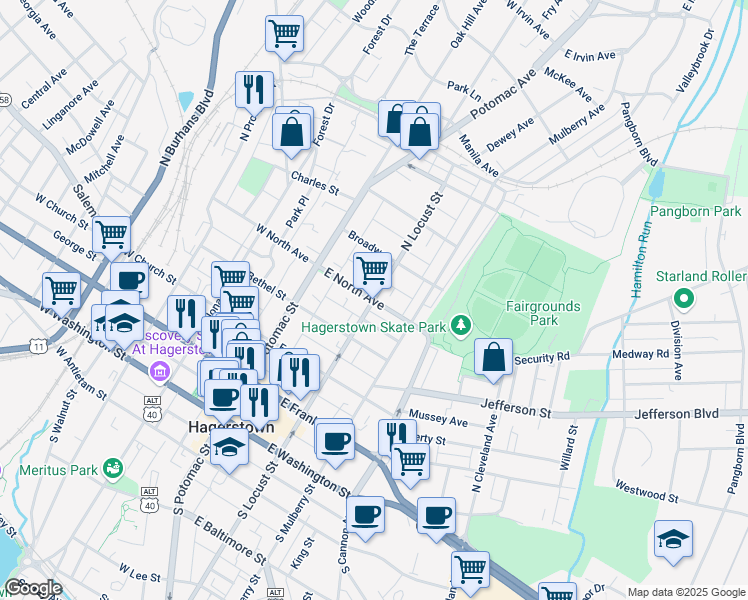 map of restaurants, bars, coffee shops, grocery stores, and more near 16 East North Avenue in Hagerstown