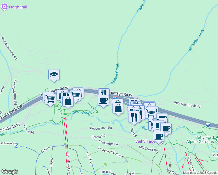 map of restaurants, bars, coffee shops, grocery stores, and more near Ma Bell Rd in Vail