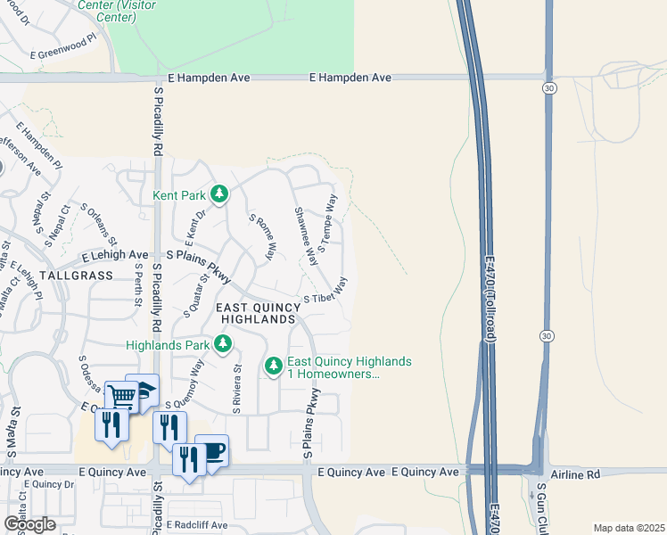map of restaurants, bars, coffee shops, grocery stores, and more near 3840 South Tempe Way in Aurora