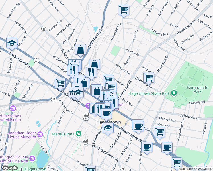 map of restaurants, bars, coffee shops, grocery stores, and more near 210 Jonathan Street in Hagerstown