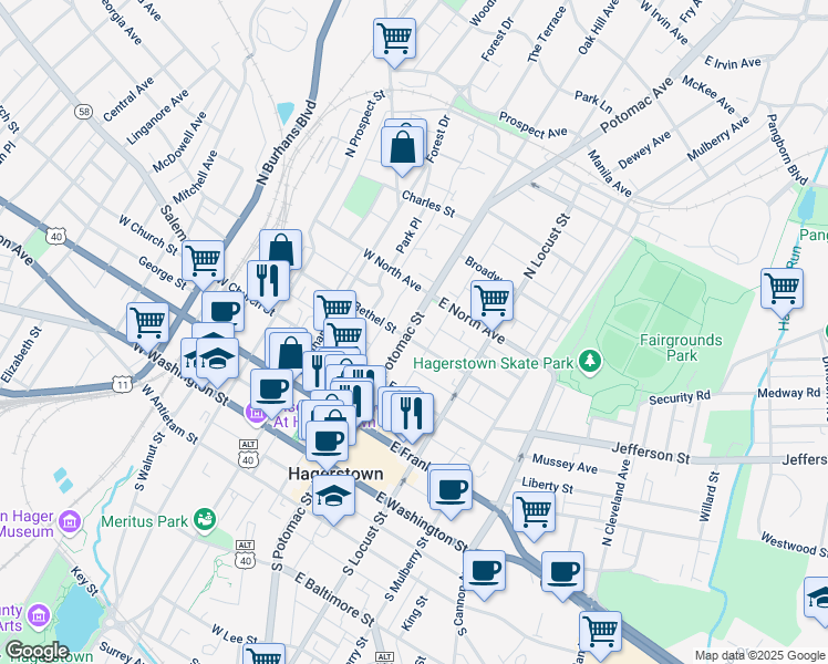 map of restaurants, bars, coffee shops, grocery stores, and more near 306 North Potomac Street in Hagerstown
