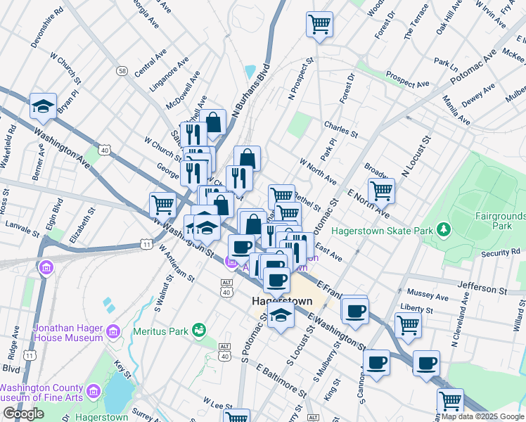 map of restaurants, bars, coffee shops, grocery stores, and more near 124 West Church Street in Hagerstown