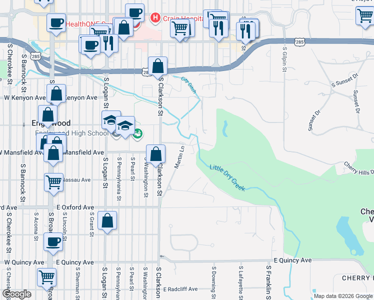 map of restaurants, bars, coffee shops, grocery stores, and more near 6 Martin Lane in Englewood