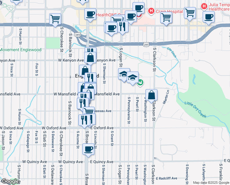 map of restaurants, bars, coffee shops, grocery stores, and more near 3859 South Logan Street in Englewood