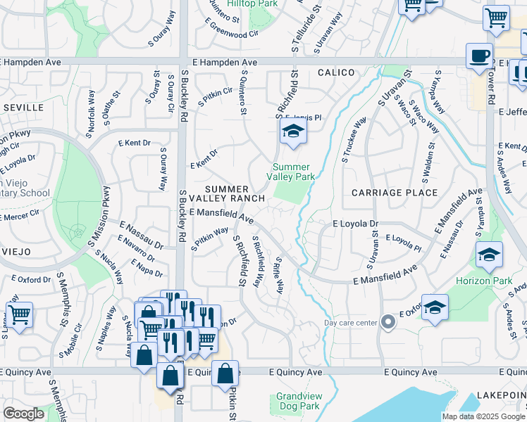map of restaurants, bars, coffee shops, grocery stores, and more near 3864 South Richfield Street in Aurora