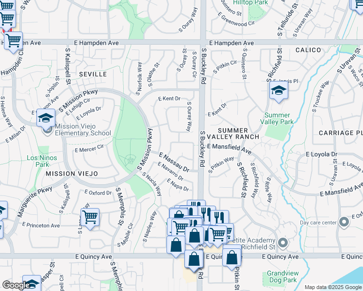 map of restaurants, bars, coffee shops, grocery stores, and more near 16717 East Mansfield Circle in Aurora