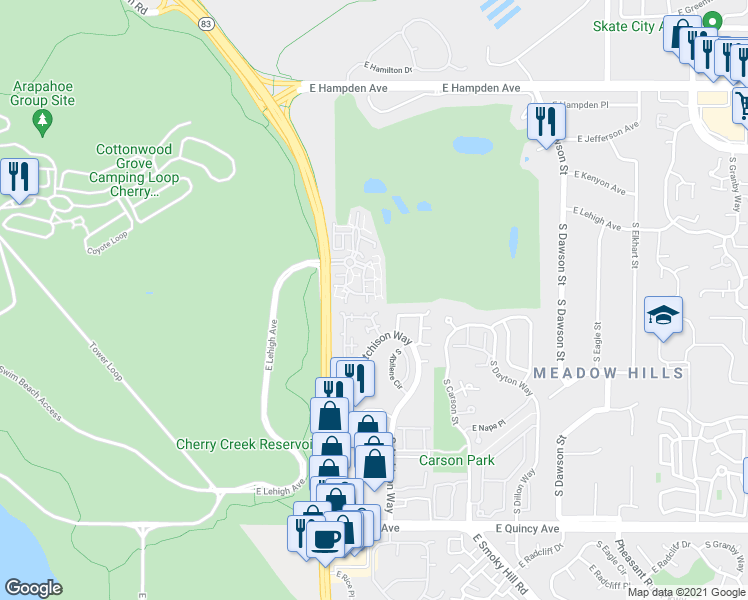 map of restaurants, bars, coffee shops, grocery stores, and more near 13732 East Lehigh Avenue in Aurora