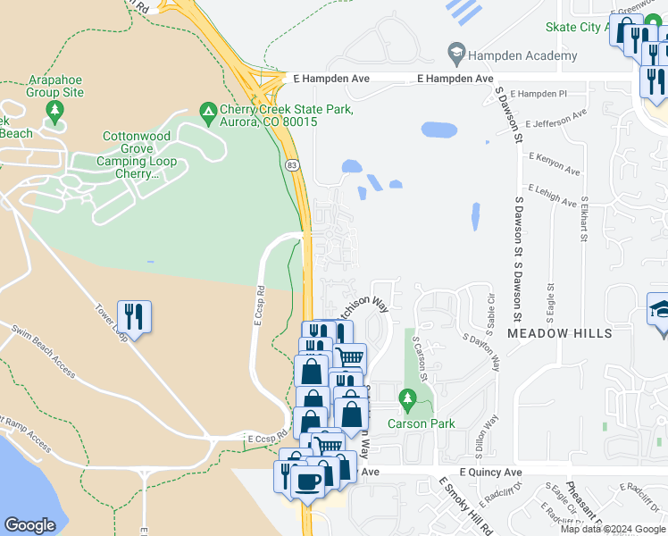 map of restaurants, bars, coffee shops, grocery stores, and more near 13732 East Lehigh Avenue in Aurora