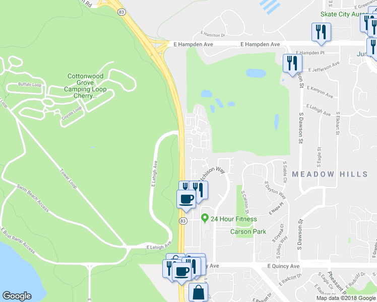 map of restaurants, bars, coffee shops, grocery stores, and more near 13742 East Lehigh Avenue in Aurora