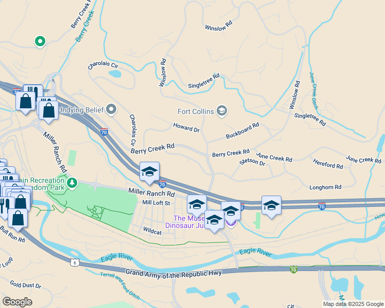 map of restaurants, bars, coffee shops, grocery stores, and more near 1010 Berry Creek Rd in Edwards