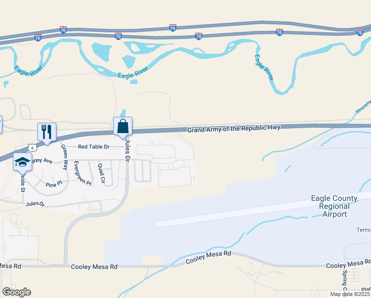 map of restaurants, bars, coffee shops, grocery stores, and more near 138 Nighthawk Circle in Gypsum