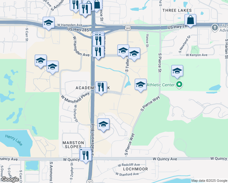 map of restaurants, bars, coffee shops, grocery stores, and more near 7301 West Mansfield Avenue in Denver