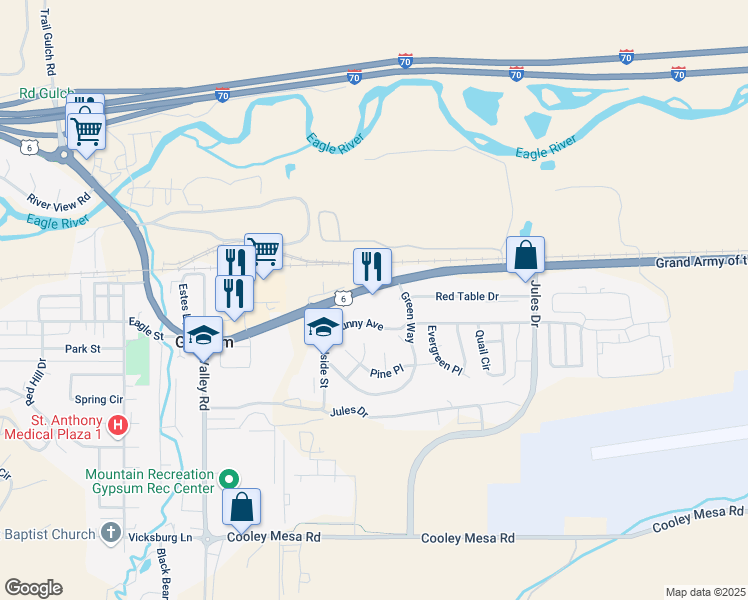 map of restaurants, bars, coffee shops, grocery stores, and more near 500 Red Table Drive in Gypsum