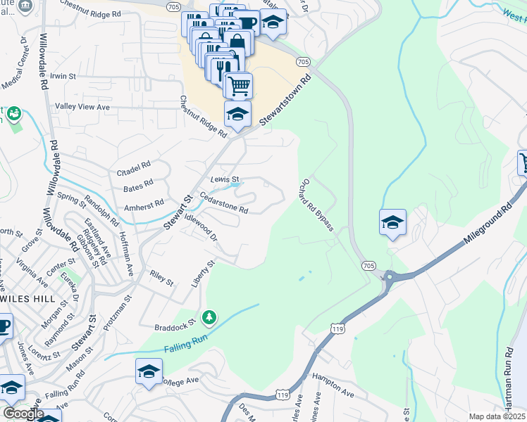 map of restaurants, bars, coffee shops, grocery stores, and more near 401 Cedarstone Road in Morgantown