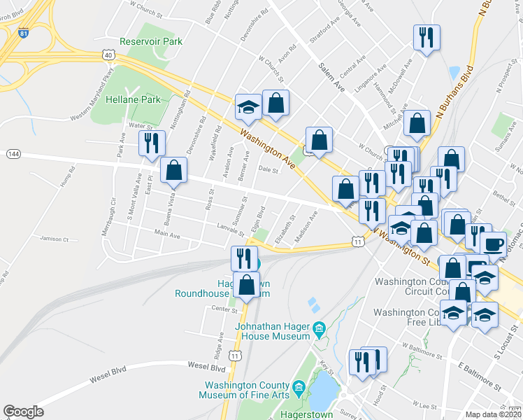 map of restaurants, bars, coffee shops, grocery stores, and more near 21 Elgin Boulevard in Hagerstown