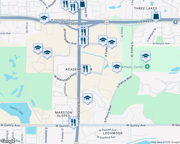 map of restaurants, bars, coffee shops, grocery stores, and more near 7401 West Mansfield Avenue in Denver