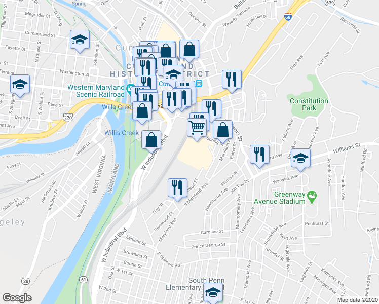 map of restaurants, bars, coffee shops, grocery stores, and more near 739 Park Street in Cumberland
