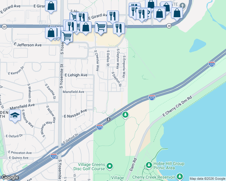 map of restaurants, bars, coffee shops, grocery stores, and more near 9481 East Mansfield Avenue in Aurora