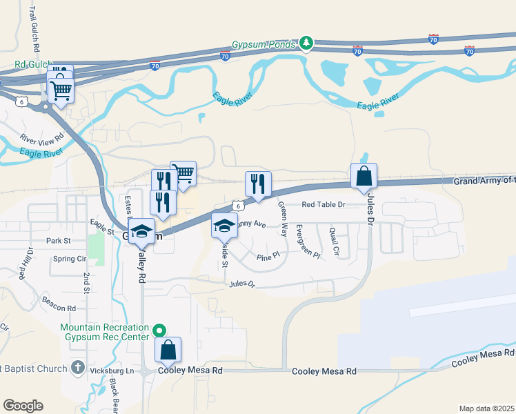 map of restaurants, bars, coffee shops, grocery stores, and more near 500 Red Table Drive in Gypsum
