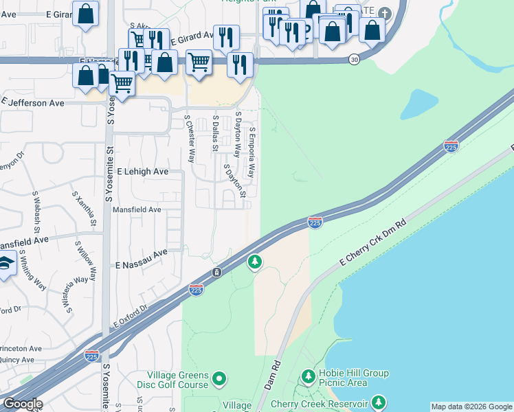 map of restaurants, bars, coffee shops, grocery stores, and more near 3890 South Dayton Street in Aurora