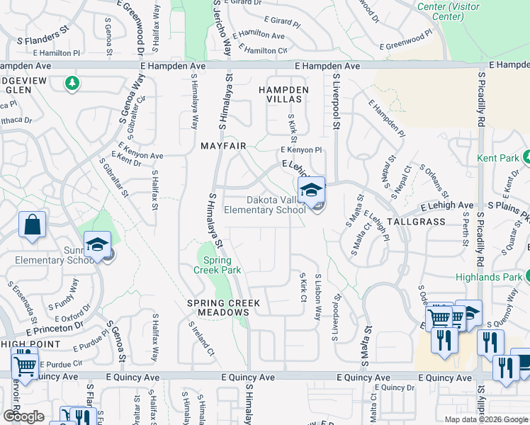 map of restaurants, bars, coffee shops, grocery stores, and more near 3846 South Jericho Court in Aurora