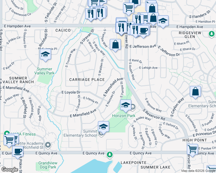 map of restaurants, bars, coffee shops, grocery stores, and more near 3736 South Walden Way in Aurora