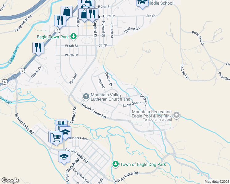 map of restaurants, bars, coffee shops, grocery stores, and more near 2 Pintail in Eagle