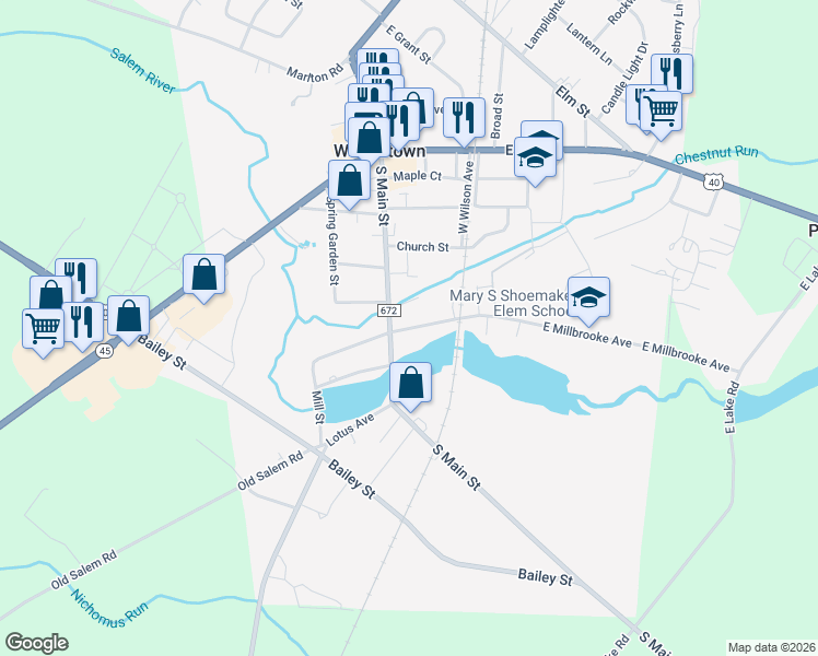 map of restaurants, bars, coffee shops, grocery stores, and more near 205 South Main Street in Woodstown