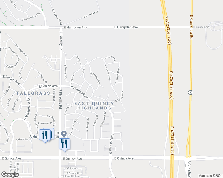 map of restaurants, bars, coffee shops, grocery stores, and more near 3840 South Tempe Way in Aurora