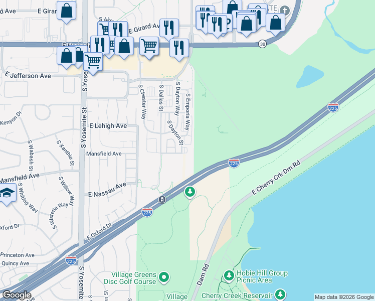 map of restaurants, bars, coffee shops, grocery stores, and more near 3890 South Dayton Street in Aurora